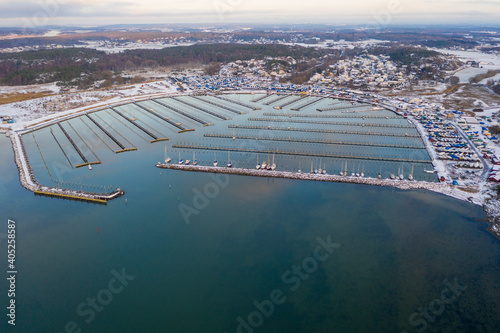 Marina in winter in Sweden drone photo