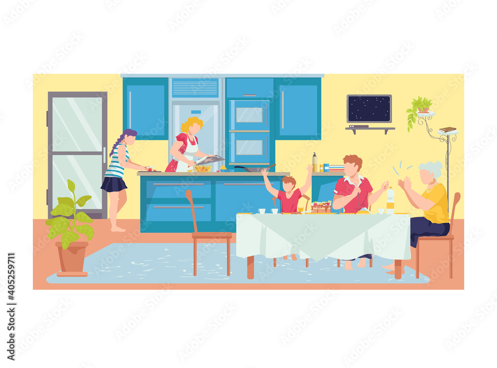 Family gathering generation, dinner grandsons, grandmother and mother, cozy kitchen room flat vector illustration, isolated on white. Concept daughter cut meal, woman cooking and celebration holiday.