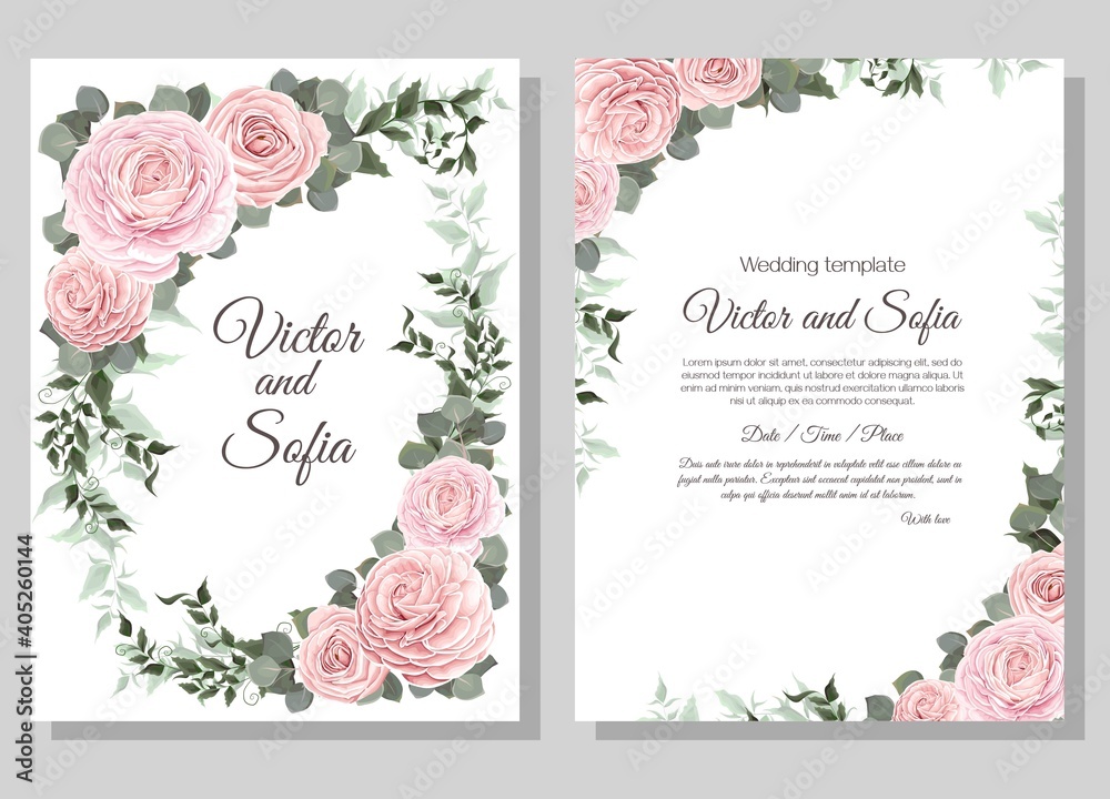 Floral template for wedding invitation. Pink roses, sakura, magnolia, green plants and flowers