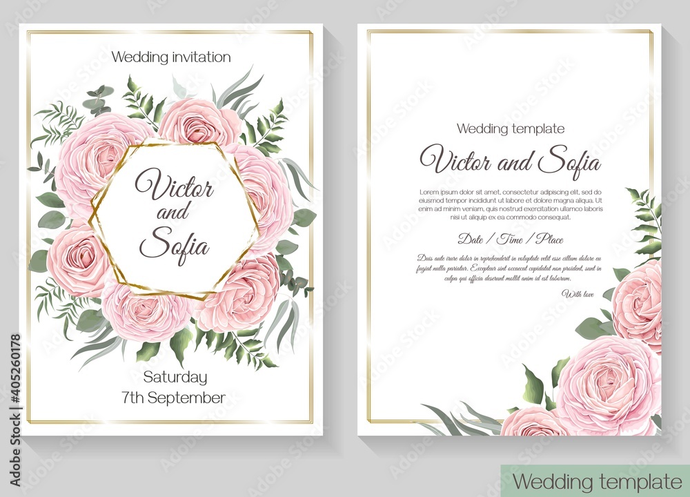 Vector floral template for wedding invitation. Pink roses, eucalyptus, green plants and leaves, asiatic buttercup Vector floral template for wedding invitation. Pink roses, eucalyptus, green plants and leaves, asiatic buttercup