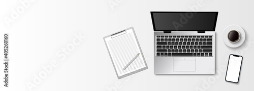 Flat lay minimal work space, Top view office desk with computer laptop, clipboard and coffee cup on white color background with copy space, vector illustration