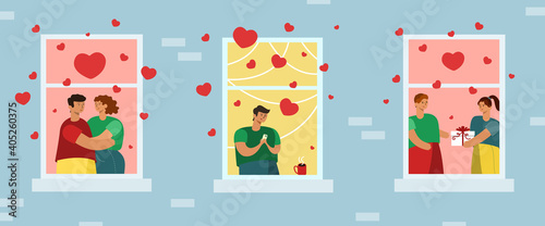 different people celebrate valentine's day in the windows of the house