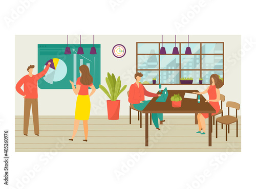 Teamwork coworking office place, male female character colleague work together, infographic activity flat vector illustration, isolated on white. Concept department premises, conversation negotiation.