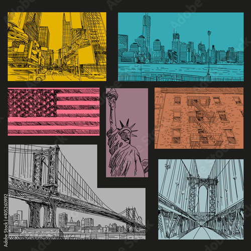 Hand drawn New York city collage, vector illustration
