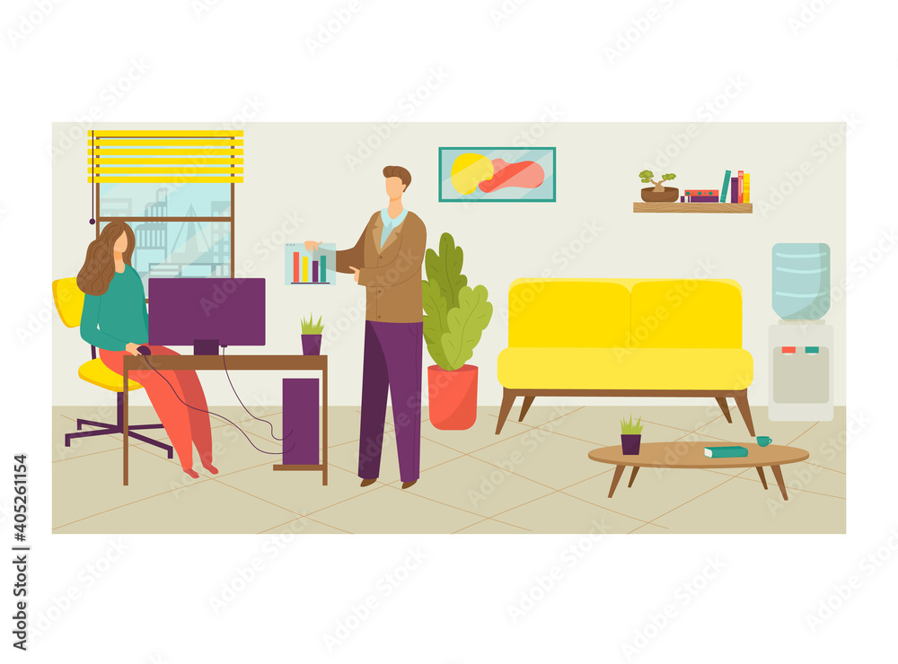 Subordinate colleague male character show infographic woman boss, team leader office cabinet flat vector illustration, isolated on white. Business presentation statement report, employee negotiating.