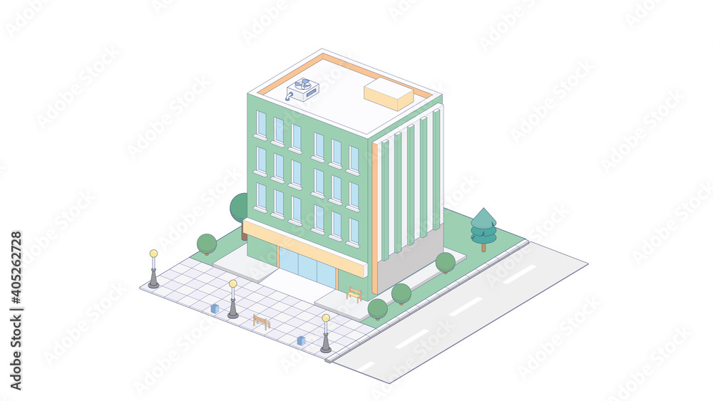 Vector isometric icon or infographic elements representing town apartment building with street for city map creation