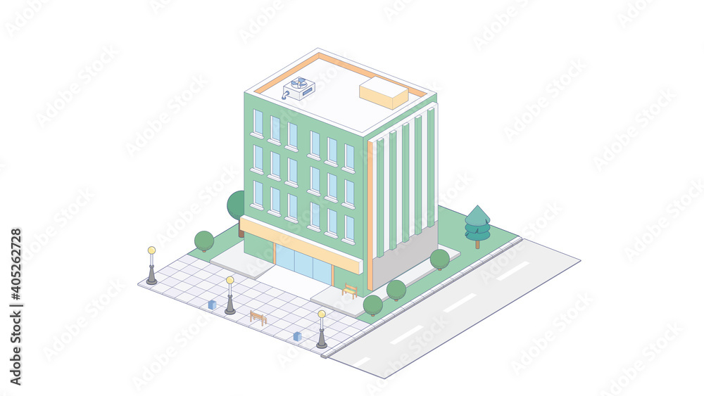 Naklejka premium Vector isometric icon or infographic elements representing town apartment building with street for city map creation