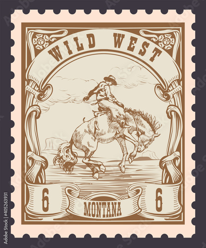 vector image of a cowboy on a horse in the form of a postage stamp printing on paper and t-shirt