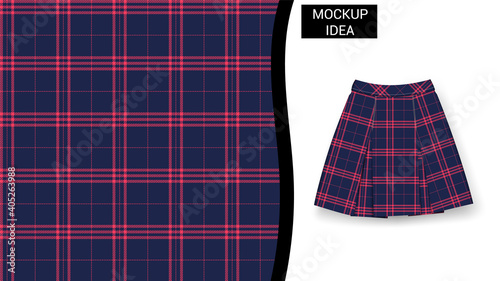 Blue Traditional Tartan Plaid Vector Seamless Pattern For Decoration, Fashion, Wallpapers, and prints. Blue, Red, purple With skirt Mockup Premium Vector.
