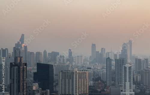Bangkok  Thailand - Jan 13  2021   Aerial view of Beautiful scenery view of Skyscraper Evening time before Sunset creates relaxing feeling for the rest of the day. Selective focus.