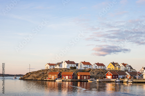 A beautiful cityscape of the fisherman village, Klädesholmen, in the sunset on the Swedish west coast, Sweden