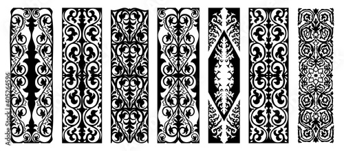 Set of 7 vector ornamental e elements and motifs of Kazakh, Kyrgiz, Uzbek, Turk national Islamic ornament for custom design. Collection of black and white, isolated stock illustrations.