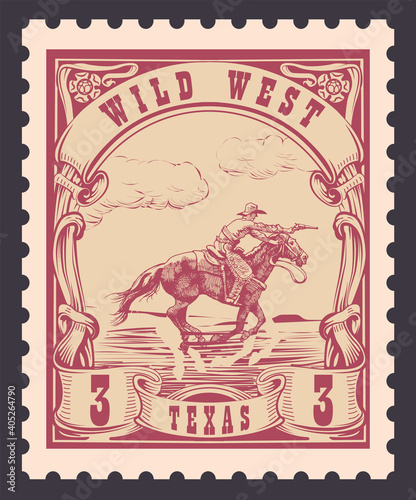 vector image of a cowboy on a horse in the form of a postage stamp printing on paper and t-shirt