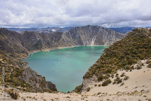 Beautiful view from the crater rim of the magnificent Laguna Quilotoa, Ecuador