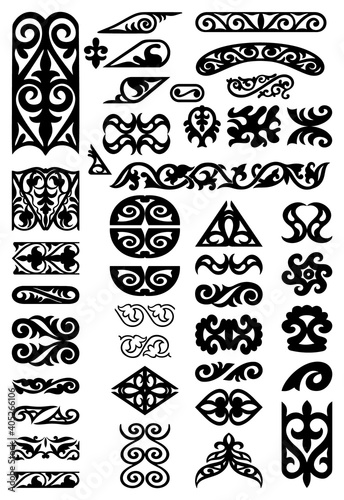 Set of 41 vector  elements and motifs of Kazakh, Kyrgiz, Uzbek, Turk national Islamic ornament for custom design. Collection of black and white, isolated stock illustrations.