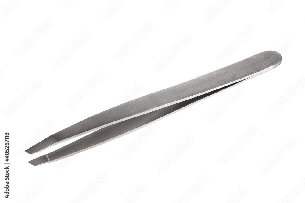 Cosmetic eyebrow tweezers isolated on white background. Professional hair tweezers.