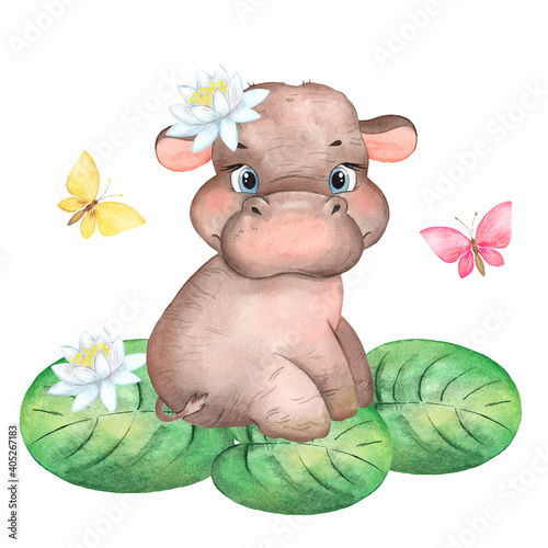 Childrens watercolor illustration with cute little hippo, cartoon character, hippo, water lily, butterflies