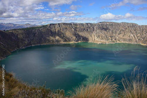 Beautiful view from the crater rim of the magnificent Laguna Quilotoa, Ecuador