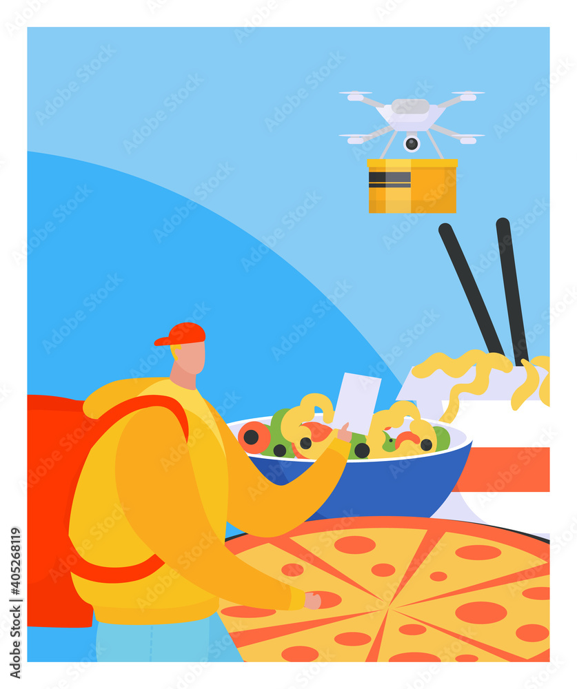 Obraz premium Modern technology delivery drone fast food pizza poster, foodstuff shipment express flat vector illustration, isolated on white. People male character choice edible food, meal supply service.