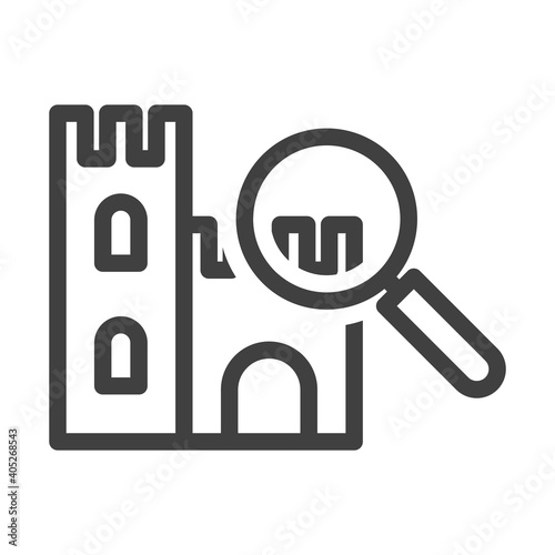 Icon excursions to historical sites. Simple linear image of the lock with a magnifying glass directed at him. Isolated vector on white background.