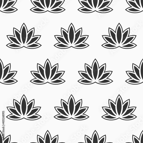 Lotus seamless pattern. Floral background. Oriental ornament. Vector black and white background.