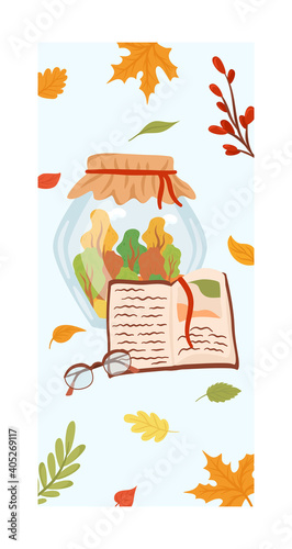 Autumn fallen leaves in jar, poster lovely concept fall organic foliage, cozy read book poster flat vector illustration, isolated on white. Banner harvest end year, preparation winter.