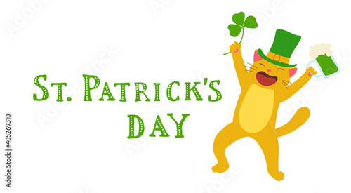 Cute cartoon leprechaun red cat with trefoil in hand. Including decorative vintage title. St. Patrick's Day illustration for your design.