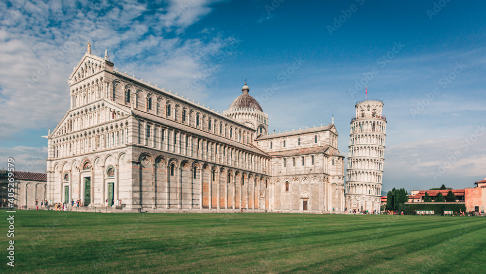 piazza dei miracoli pisa leaning tower wide angle italy tuscany grass