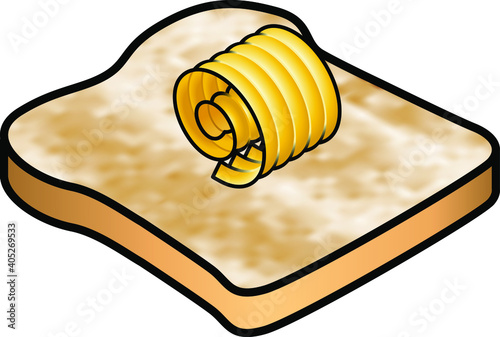 A piece of lightly toasted bread topped with a curl of butter.