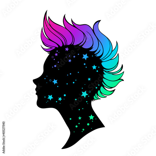 silhouette of a female head with a bright mohawk hairstyle