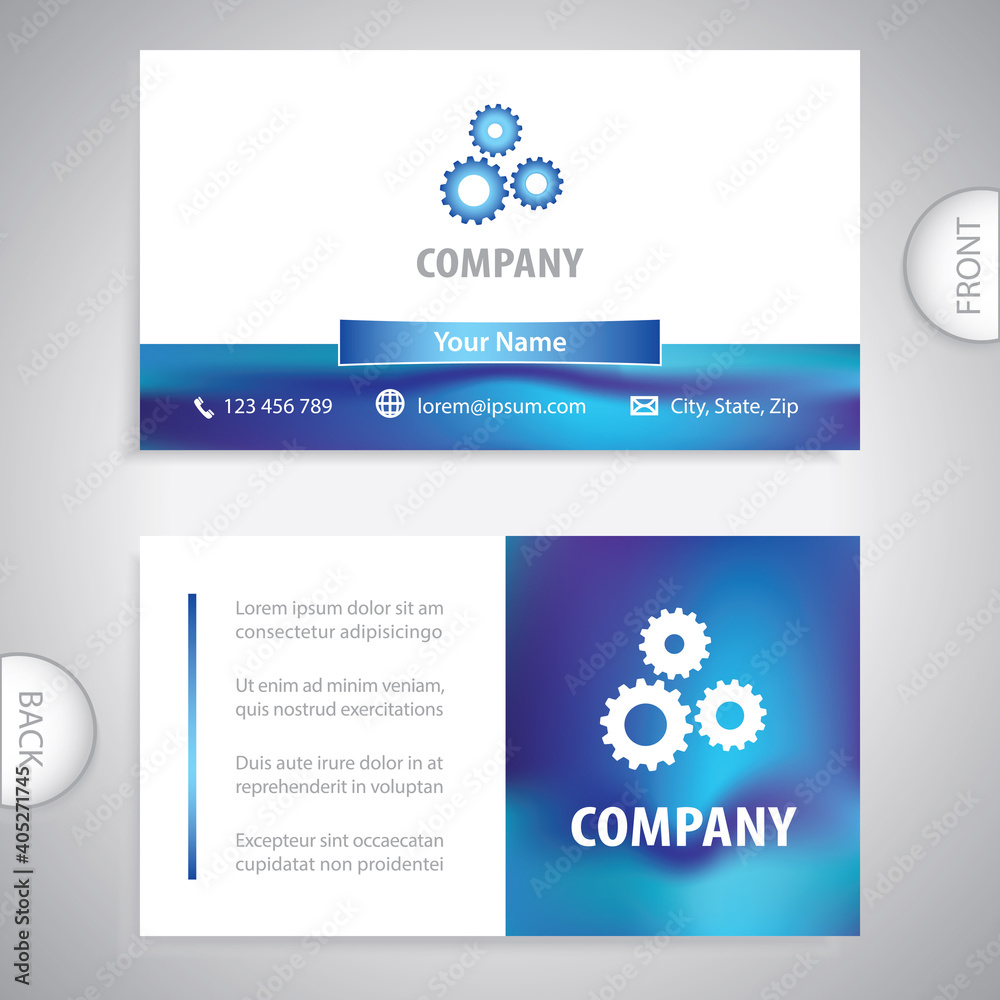 Business card template. Mechanical machines and gears. Concept for heavy and light industry. Symbol for strategy, service, analytics, research, communication concepts.