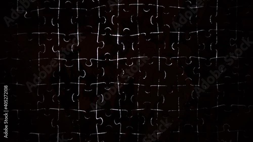 puzzle pieces outline silhouette light movement puzzling situation searching from one piece to multiple lit