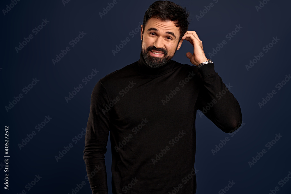 Troubled and concerned bearded man got headache from lots of troubles, grab head, touch forehead grimacing bothered and look distressed camera, tired of strange customers, Pacific Blue background Troubled and concerned bearded man got headache from lots of troubles, grab head, touch forehead grimacing bothered and look distressed camera, tired of strange customers, Pacific Blue background