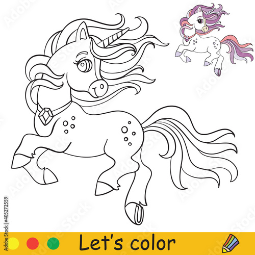 Cute running unicorn with long mane. Coloring book page with colorful template. Vector cartoon illustration isolated on white background. For coloring book  preschool education  print and game.