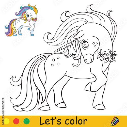Cute unicorn with rainbow mane. Coloring book page with colorful template. Vector cartoon illustration isolated on white background. For coloring book, preschool education, print and game.