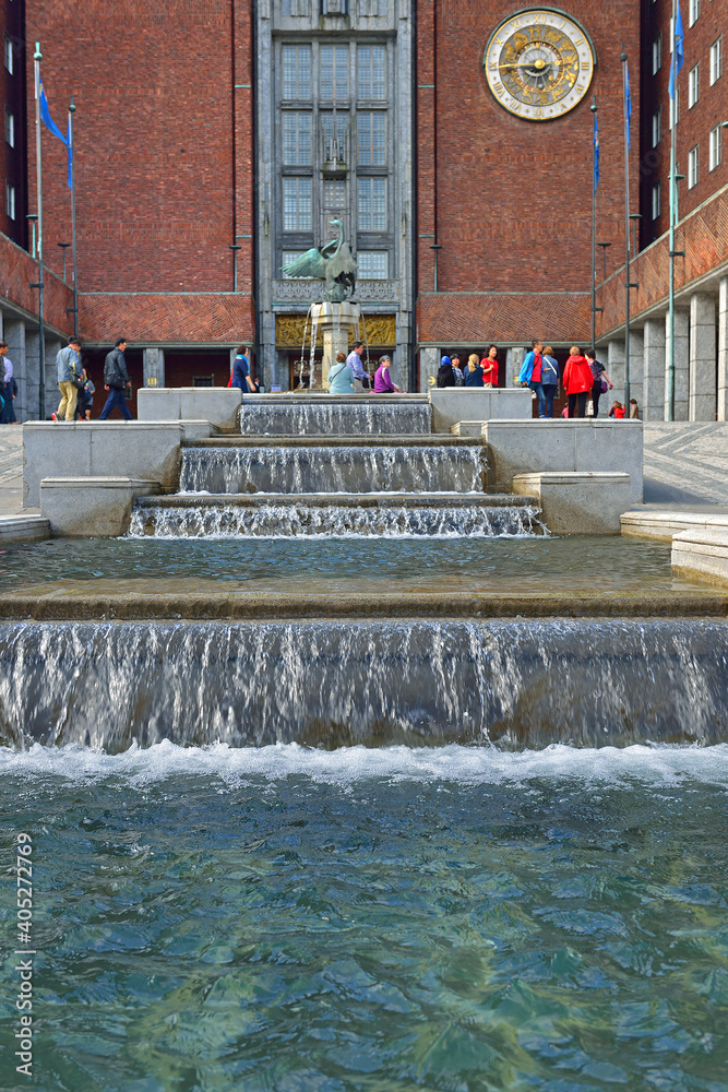 Oslo City Hall with cascading fountain
