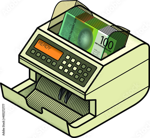 A bank note / money counting machine loaded with colourful 100 dollar bills.
