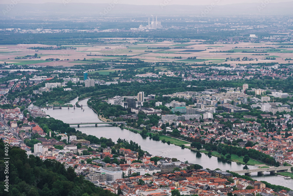 Telephoto view of Heidelberg new town along Neckar river in summer
