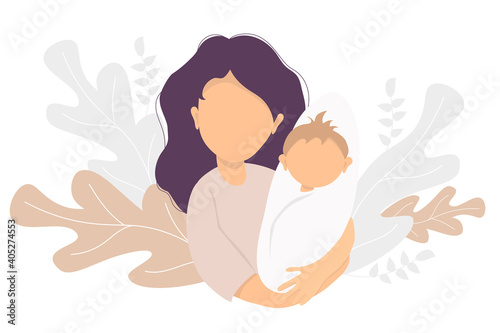 Motherhood. Happy woman with a newborn baby in her arms. On the background decorative pattern of tropical leaves and plants. Vector illustration. Happy family - happy mom and baby. flat illustration
