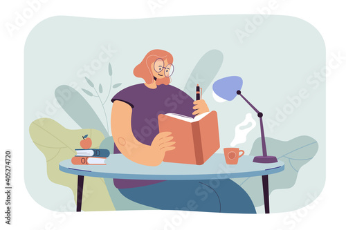 Woman writing in notebook. Female student reading book and taking notes. Girl keeping diary. Vector illustration for journal, studying, education concept