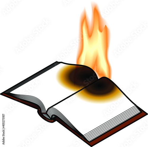 A burning book. Concepts: thought crime, mind control, censorship, revolution.