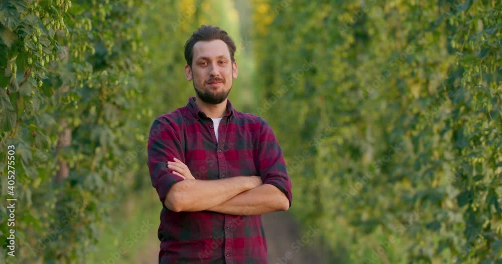 A portrait of a farmer folding his arms while standing in the hop field. A portrait of a farmer folding his arms while standing in the hop field.