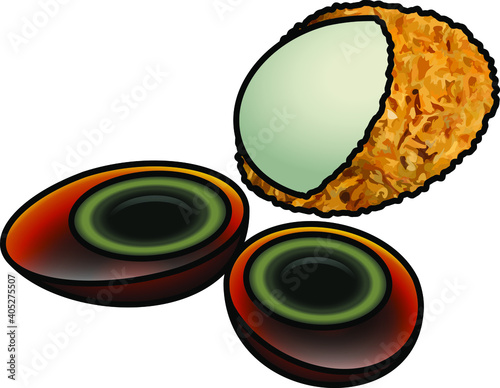 Century eggs with jelly whites and creamy green yolks. Preserving crust of rich chaff, mud, quicklime, wood ash and salts.