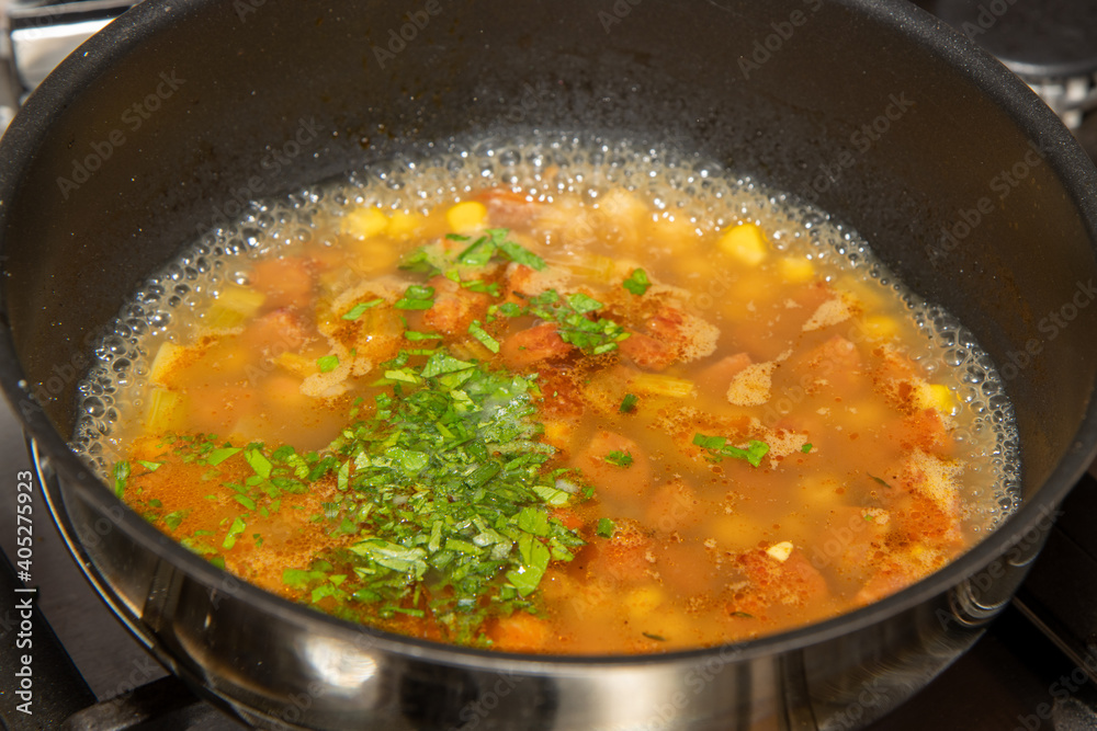 A delicious Sweetcorn Broth being cooked in a Pan