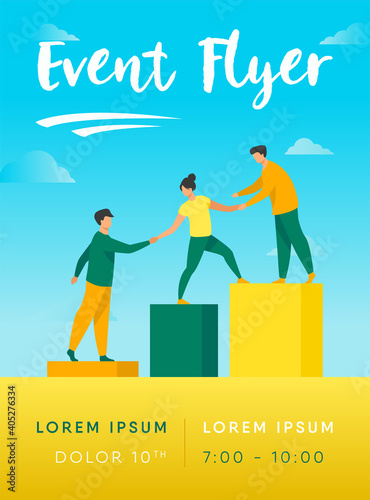Employees giving hands and helping colleagues to walk upstairs. Team giving support, growing together. Vector illustration for teamwork, mentorship, cooperation concept
