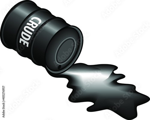 A metal oil drum labelled "crude" spilling out a black slick.