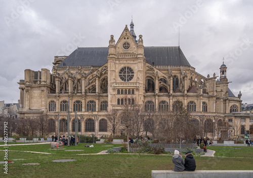 Paris, France - 12 30 2020: View of Saint-Eustache Church from Nelson Mandela Garden