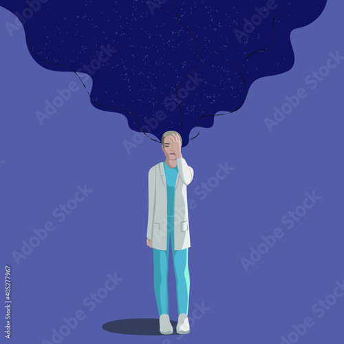 Concept of medical front line health workers during Covid 19 outbreak. Sad, tired or exhausted  female doctor or nurse. Doctor's grief. A tired, depressed or pensive medical worker.