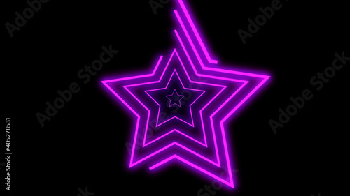 Purple colored bright neon lines shaping stars on black background. 3d render, neon lights, virtual reality