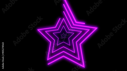 Purple colored bright neon lines shaping stars on black background. 3d render, neon lights, virtual reality